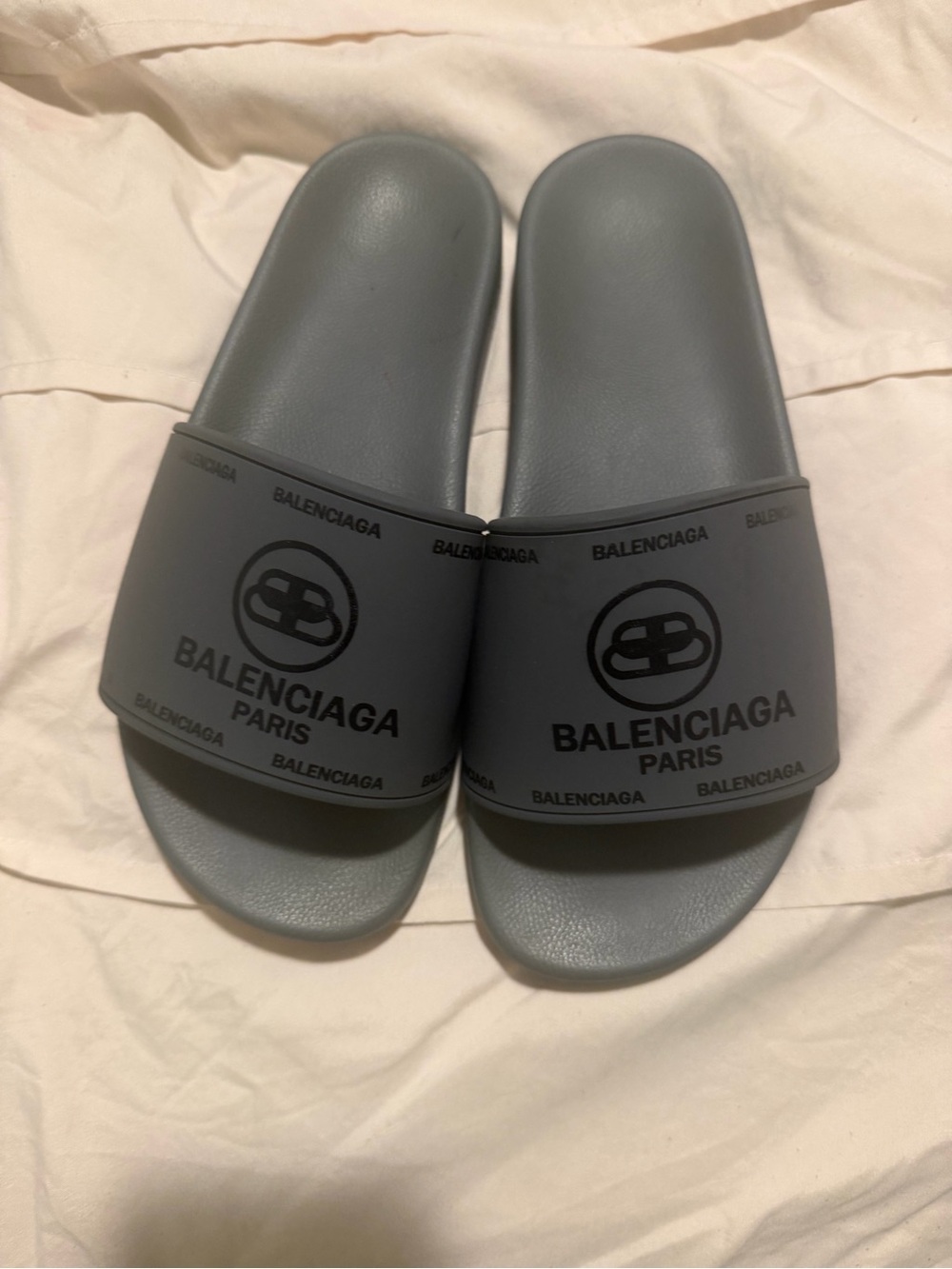 Balenciaga unisex Gray Logo Slide Sandals with Black Print